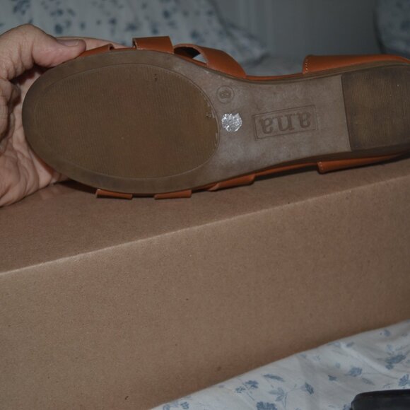 Pre-owned pair of A.N.A. cognac color flat sandals. Criss-cross straps, size 8 m - Picture 6 of 8
